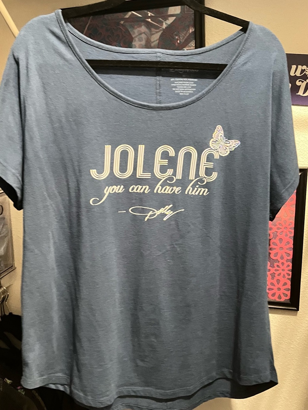 Dollywood Dolly Parton Jolene w butterfly foil Graphic Tee in Dusty Blue